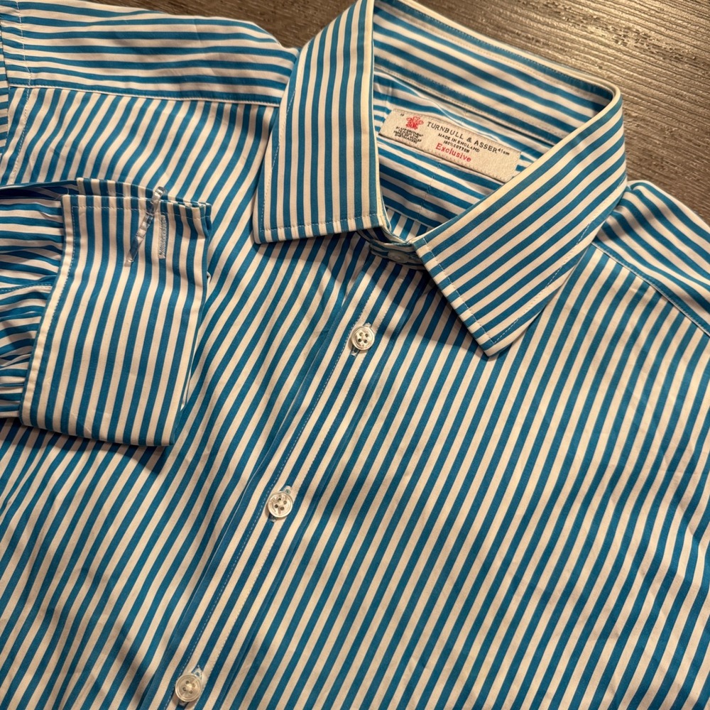 Turnbull & Asser Dress Shirt Mens 16 41 Blue Bengal Stripe Cotton Luxury UK Cuff
